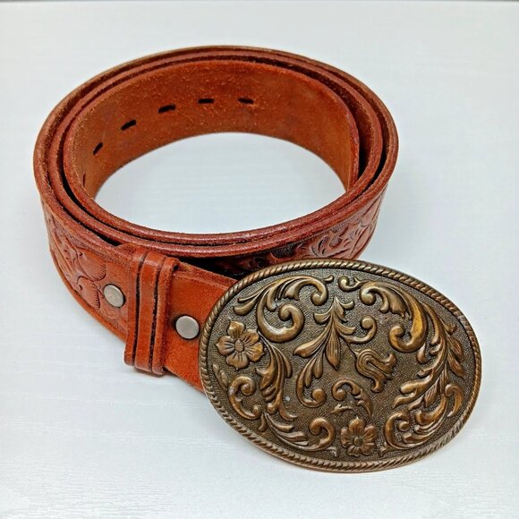 VTG Tooled Brown Leather Western Belt Acorns Oak Leaves USA Floral Buckle 36 - Picture 1 of 10